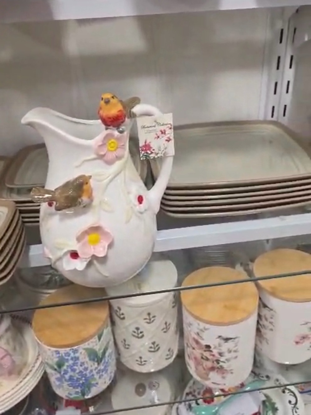 White Ceramic Pitcher with Pink Flower and Bird Accents